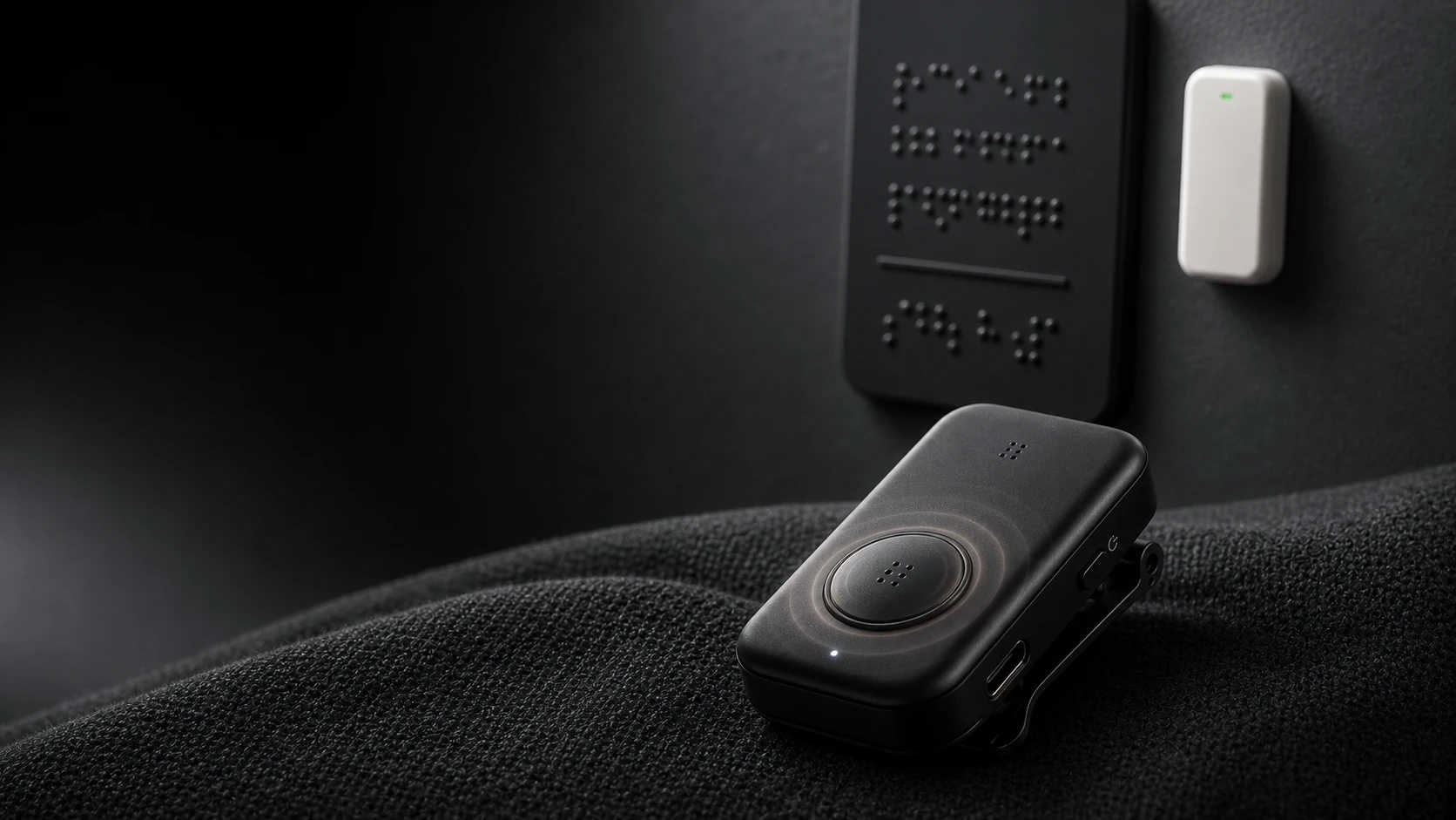 Concept visual showing the haptic receiver in front of a tactile Braille sign and BLE wall tag.