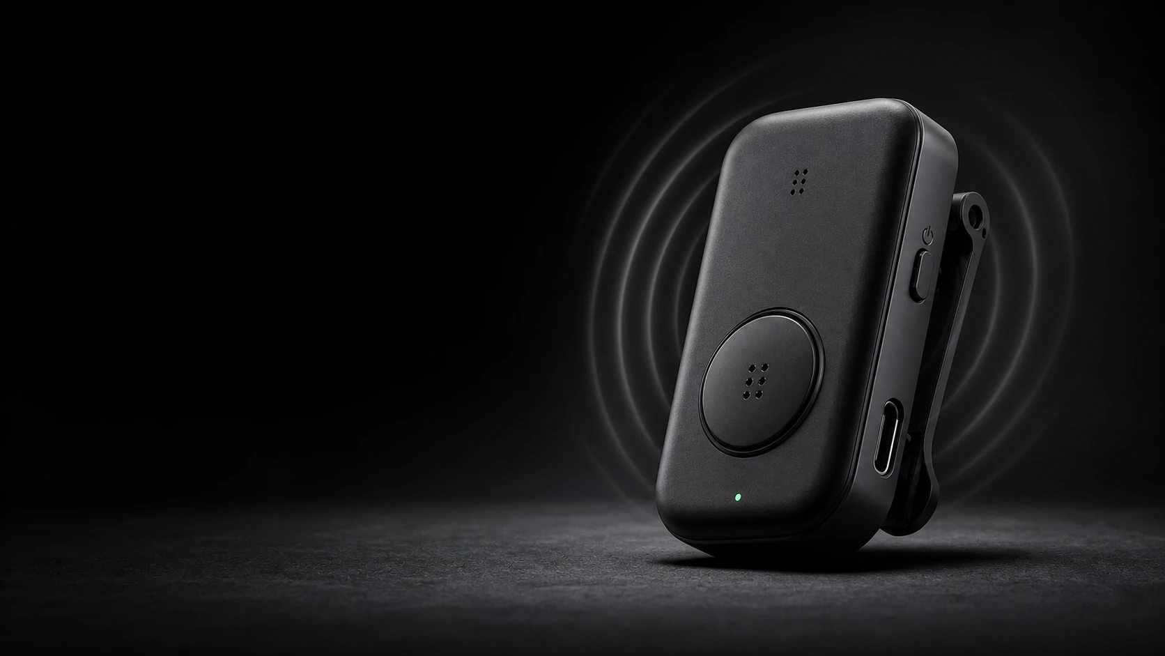 Concept visual of the haptic receiver with subtle local vibration rings around its tactile button.