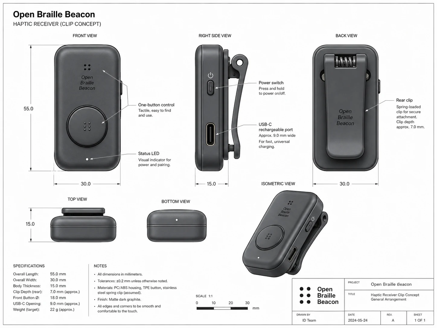 Engineering concept sheet showing planned views and dimensions of the haptic receiver clip.