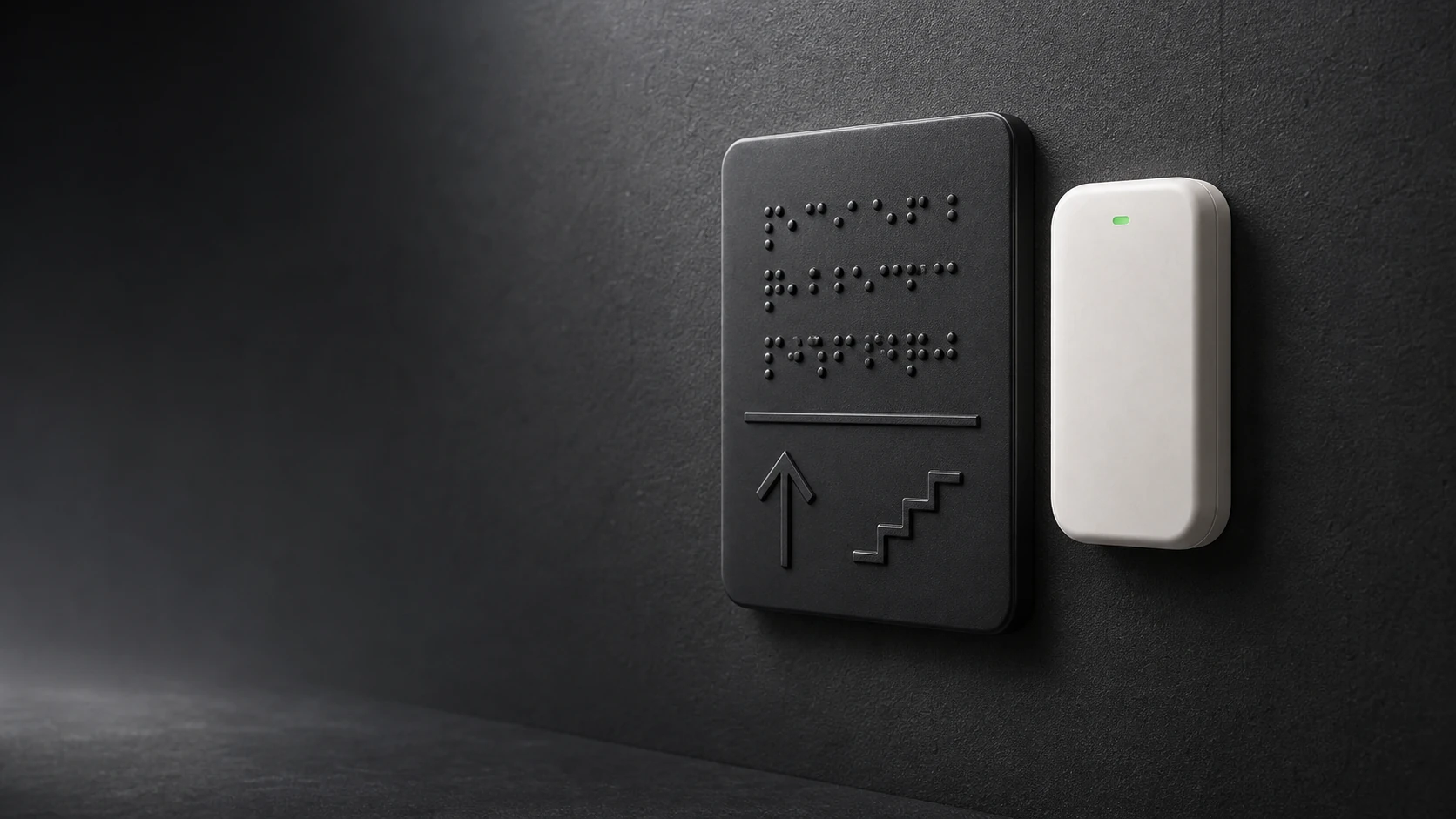 Concept visual of a silent BLE wall beacon installed beside a tactile Braille sign.