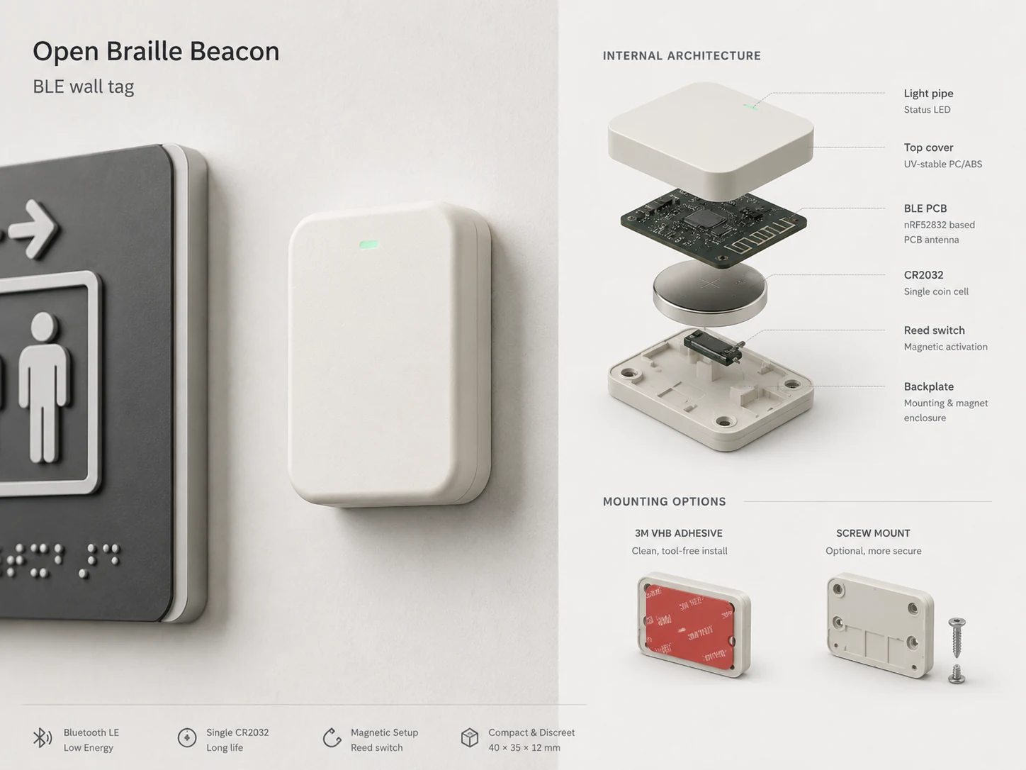 Concept render showing the wall beacon tag and its proposed internal architecture.